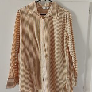 Uniqlo Women's Striped Tan Button Down Shirt